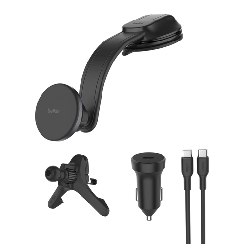 Belkin Qi2 magnetic wireless car mount kit with vent clip, dash arm, car charger and cable
