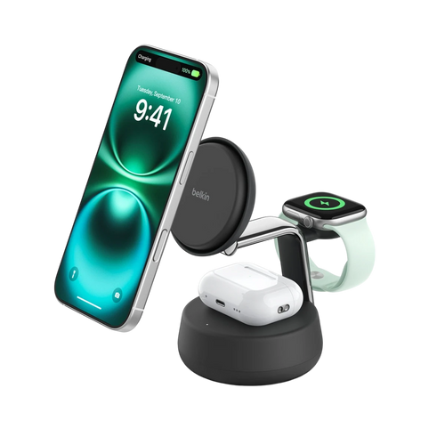 Belkin UltraCharge Pro 3-in-1 Qi2 25W charging dock with iPhone, Apple Watch and AirPods