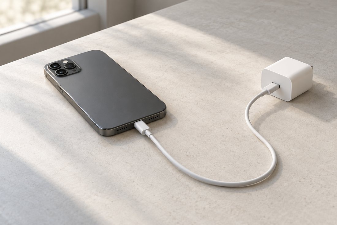 A phone, white USB-C cable and compact power adapter in soft window light