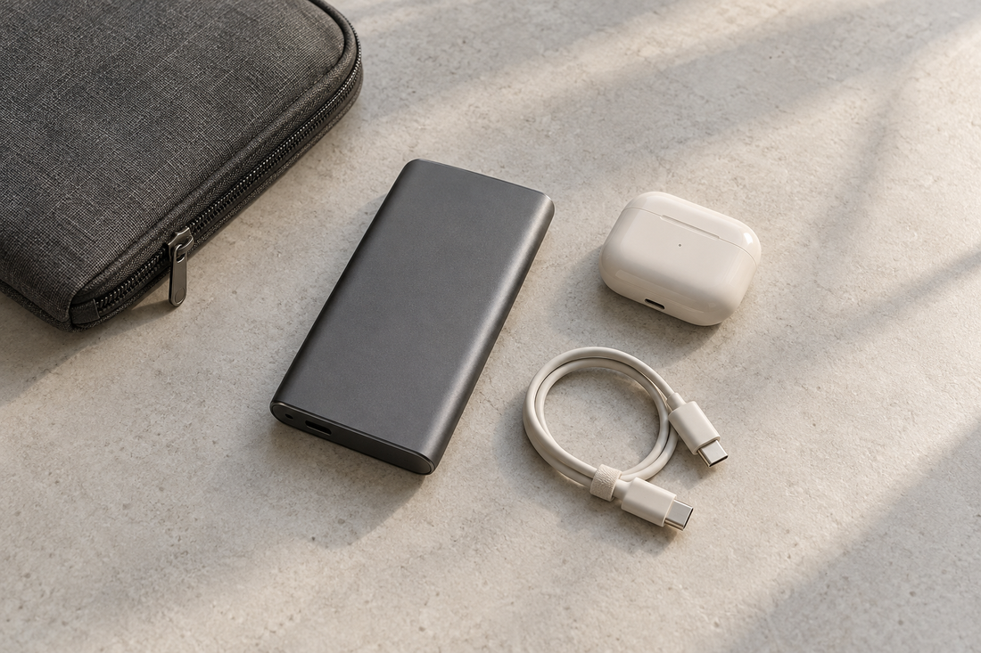 A graphite tech pouch, portable power bank, earbud case and cable on a light surface