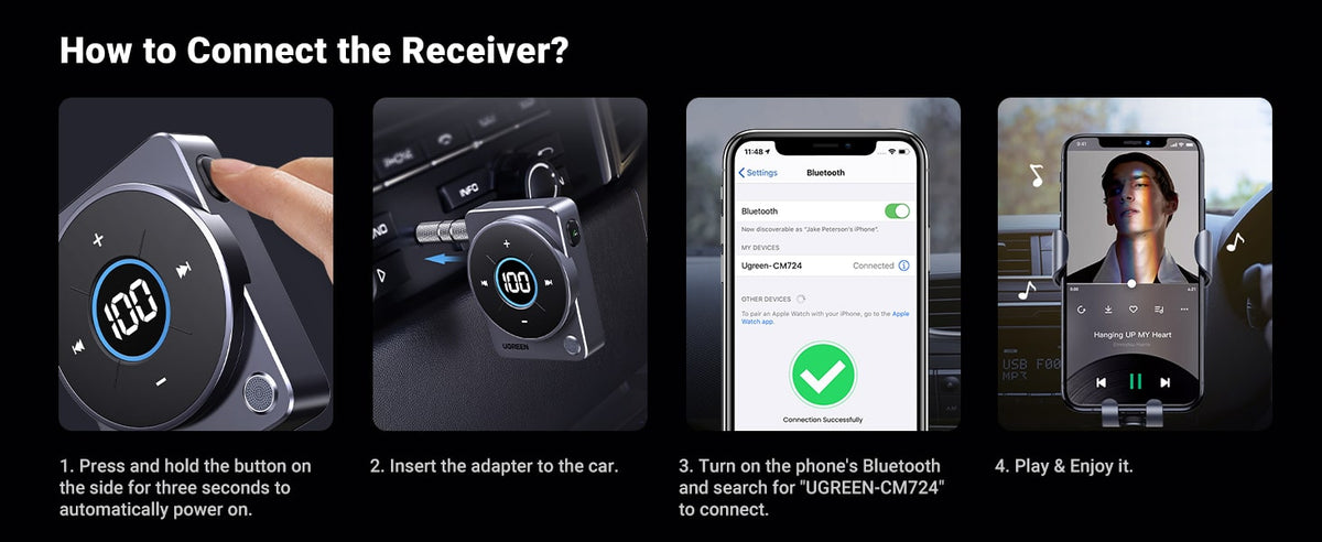 UGreen Bluetooth 5.4 Car AUX Adapter, 3.5mm