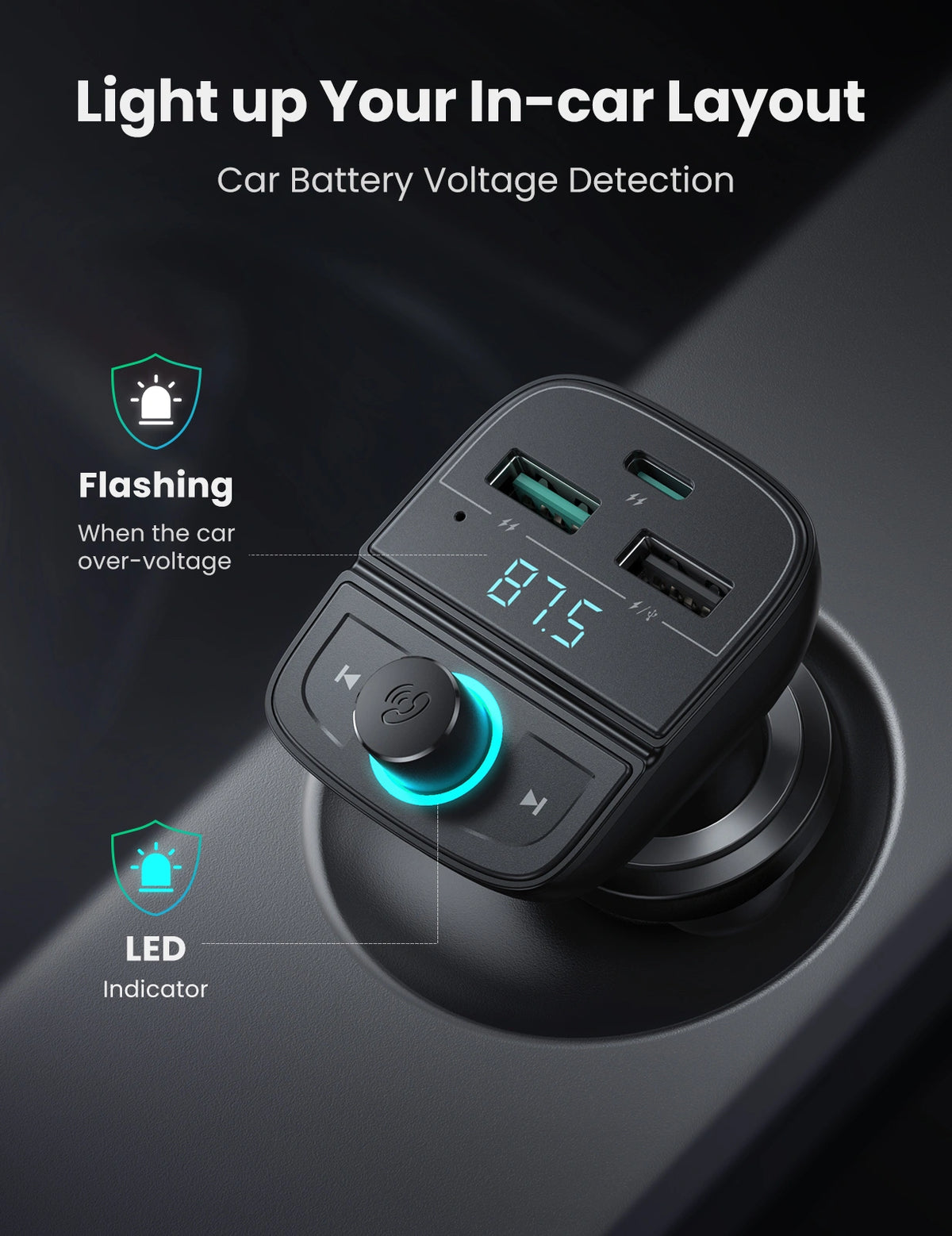 UGREEN 3-in-1 Car Bluetooth Charger & FM Transmitter (80910)