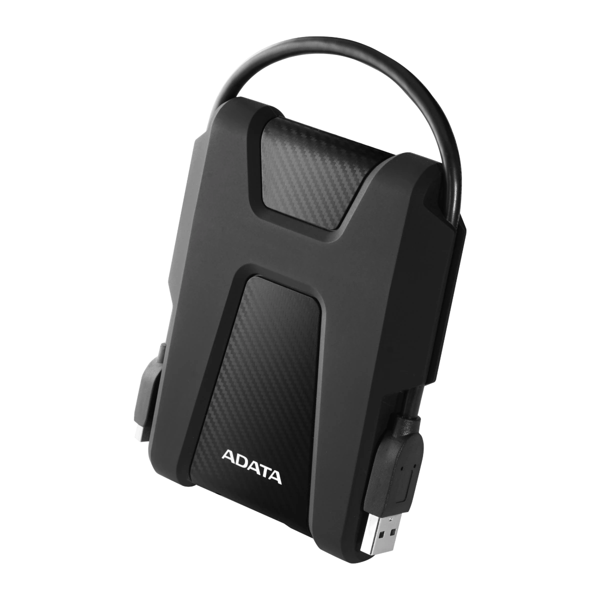 ADATA HD680 black hard drive, angled view with cable