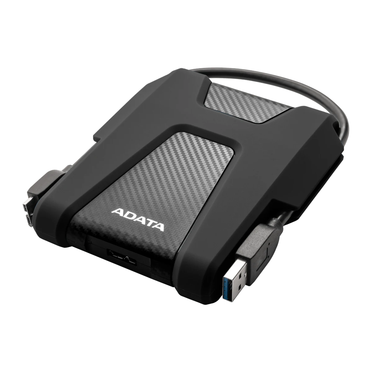 ADATA HD680 lying flat with USB cable wrapped in the groove