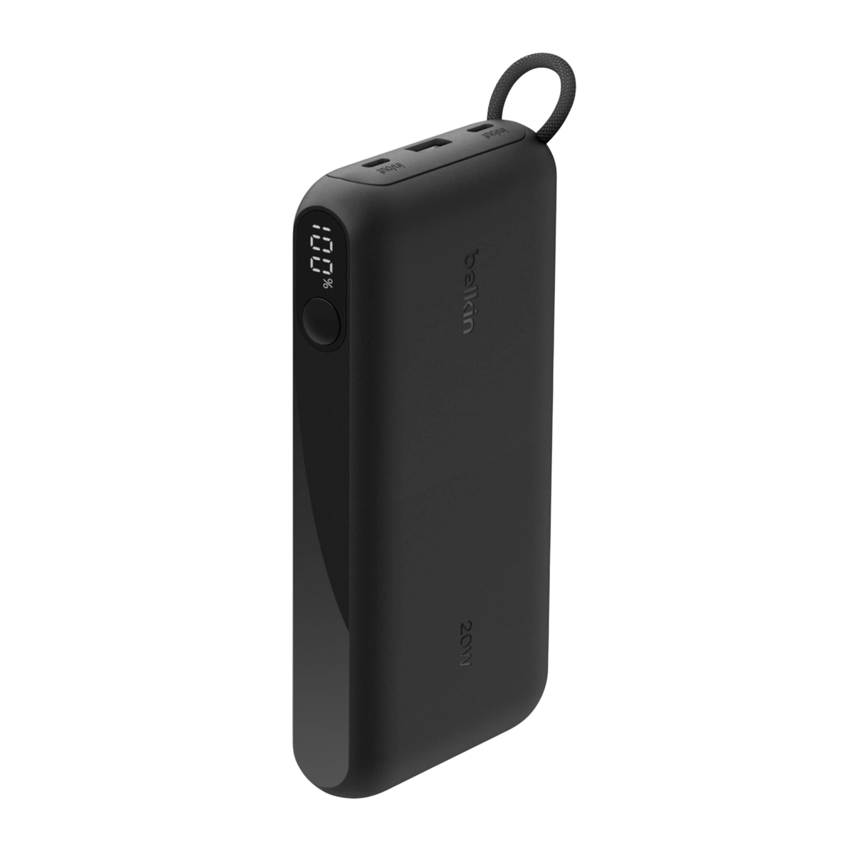 Belkin BPB028 power bank standing upright with lanyard cable