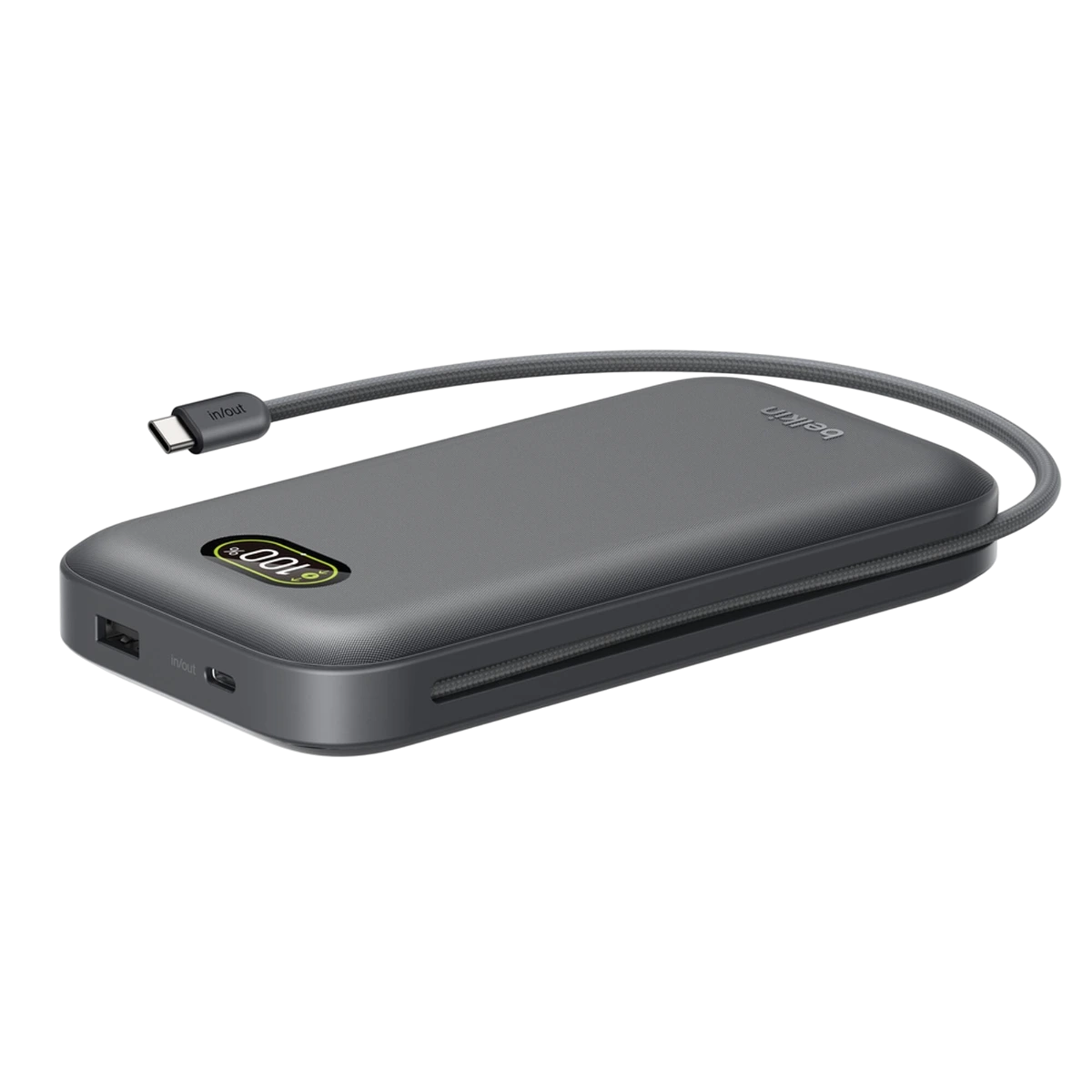 Belkin UltraCharge Pro 140W power bank lying flat with cable