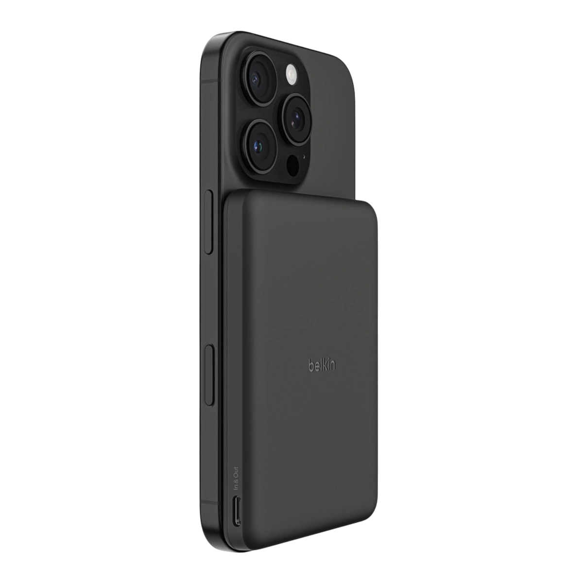 Belkin BoostCharge slim magnetic power bank 5K in black attached to an iPhone