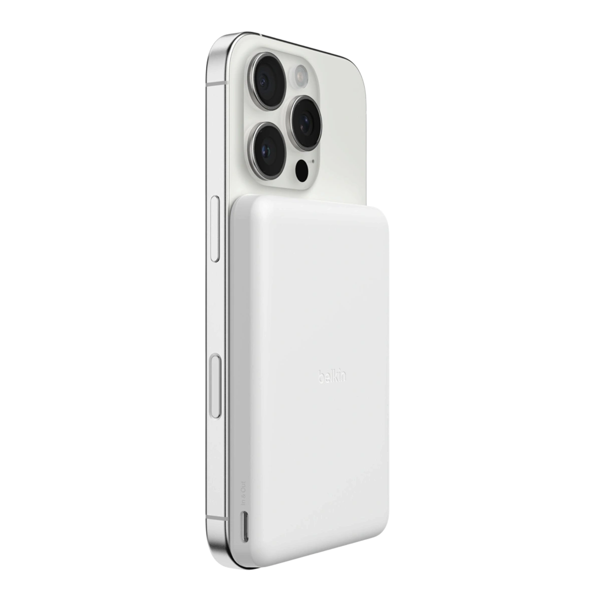 Belkin BoostCharge slim magnetic power bank 5K in white on an iPhone