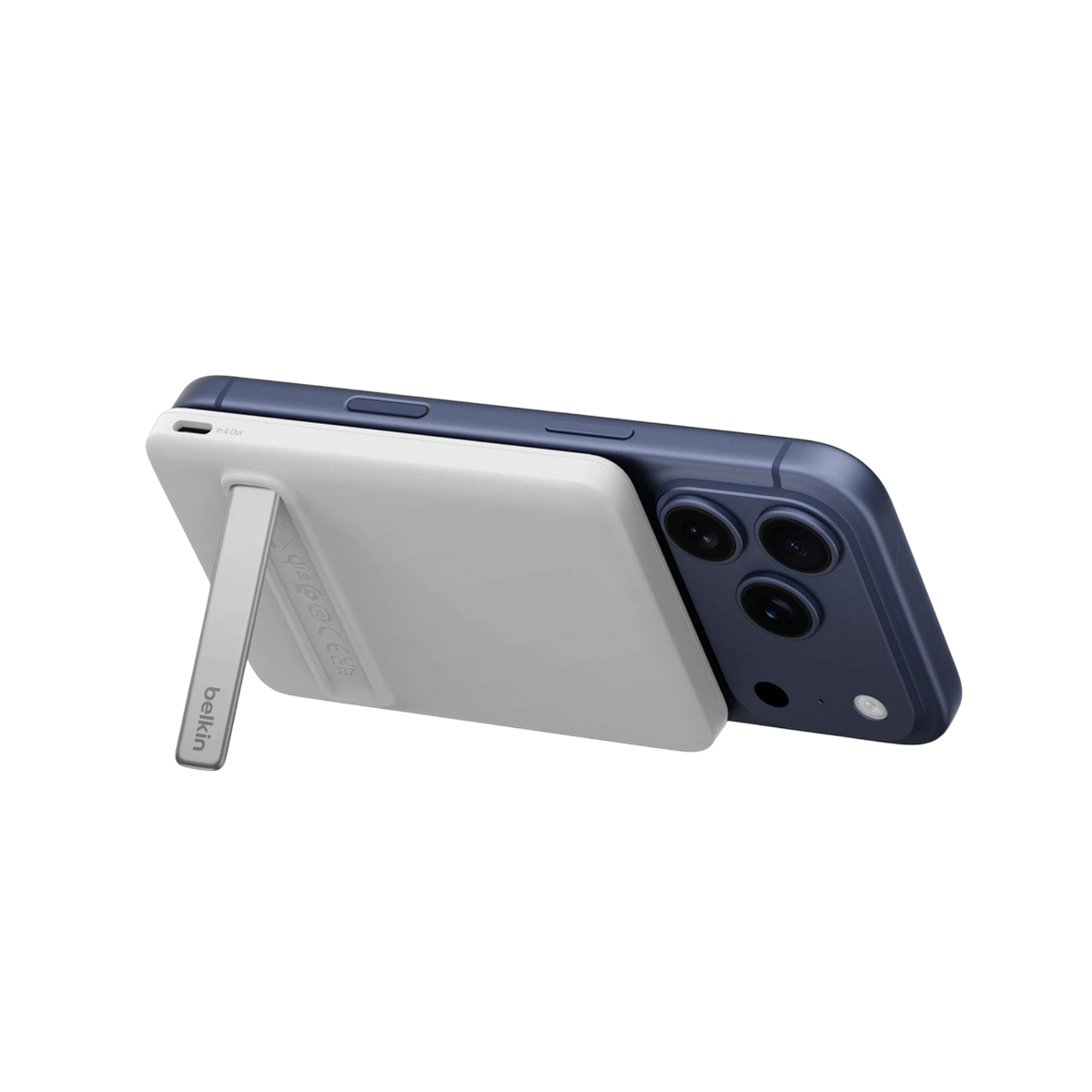 Belkin slim Qi2 magnetic power bank 5K in white on an iPhone with kickstand
