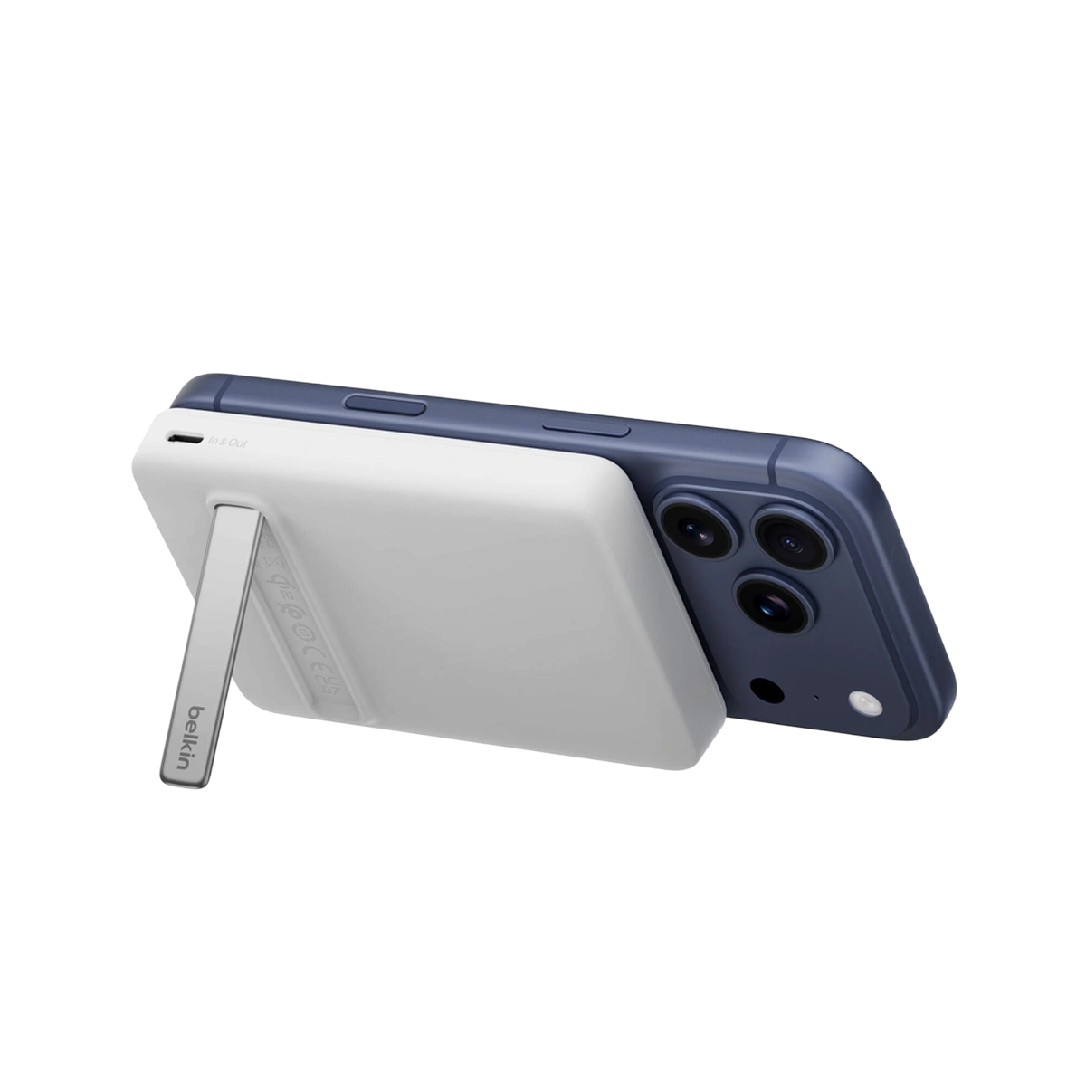 Belkin Qi2 magnetic power bank 10K in white on an iPhone with kickstand