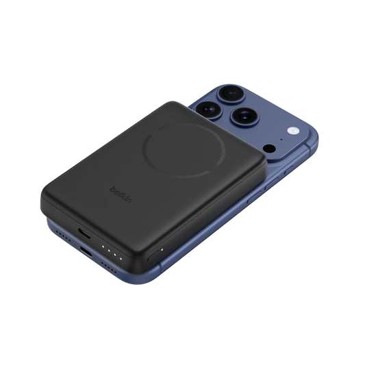 Belkin Qi2 magnetic power bank 10K with magnetic ring attached to an iPhone