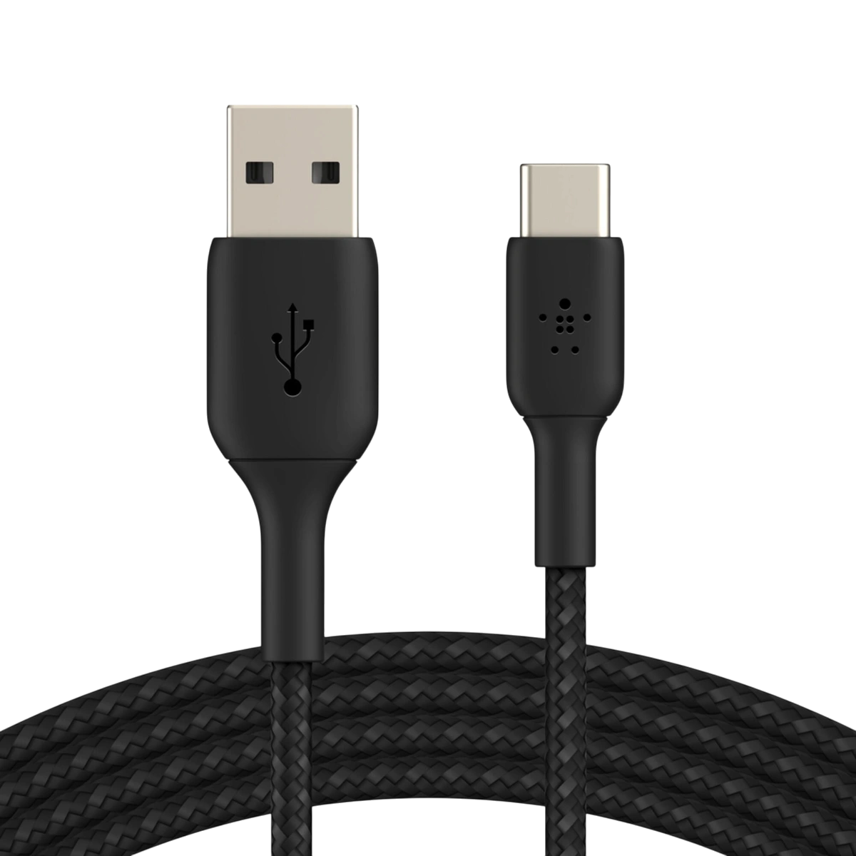 Belkin BoostCharge braided USB-A to USB-C cable in black, coiled with both connectors