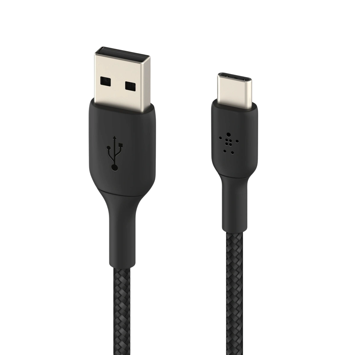 Belkin CAB002 black braided cable, USB-A and USB-C plugs side by side