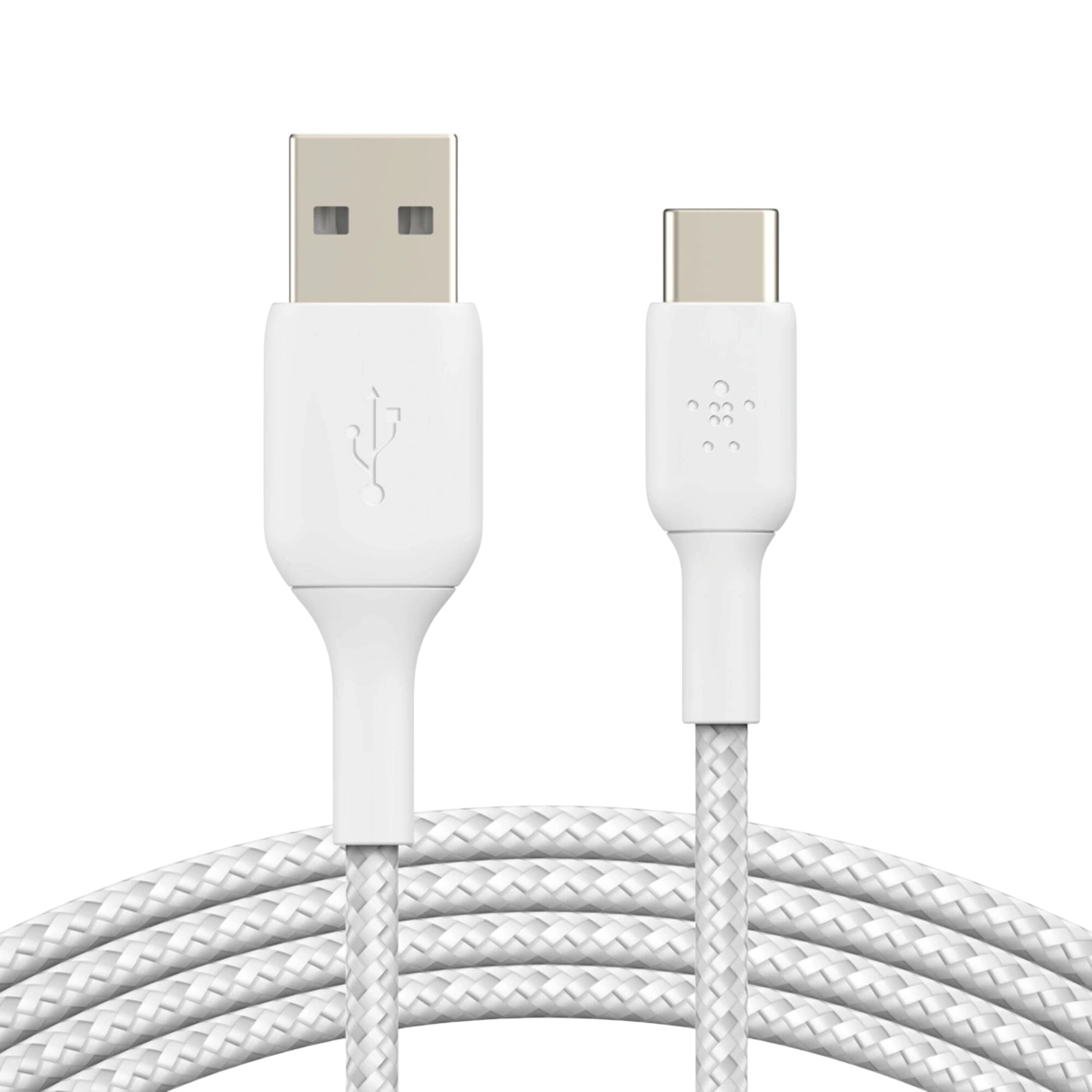 Belkin BoostCharge braided USB-A to USB-C cable in white, coiled