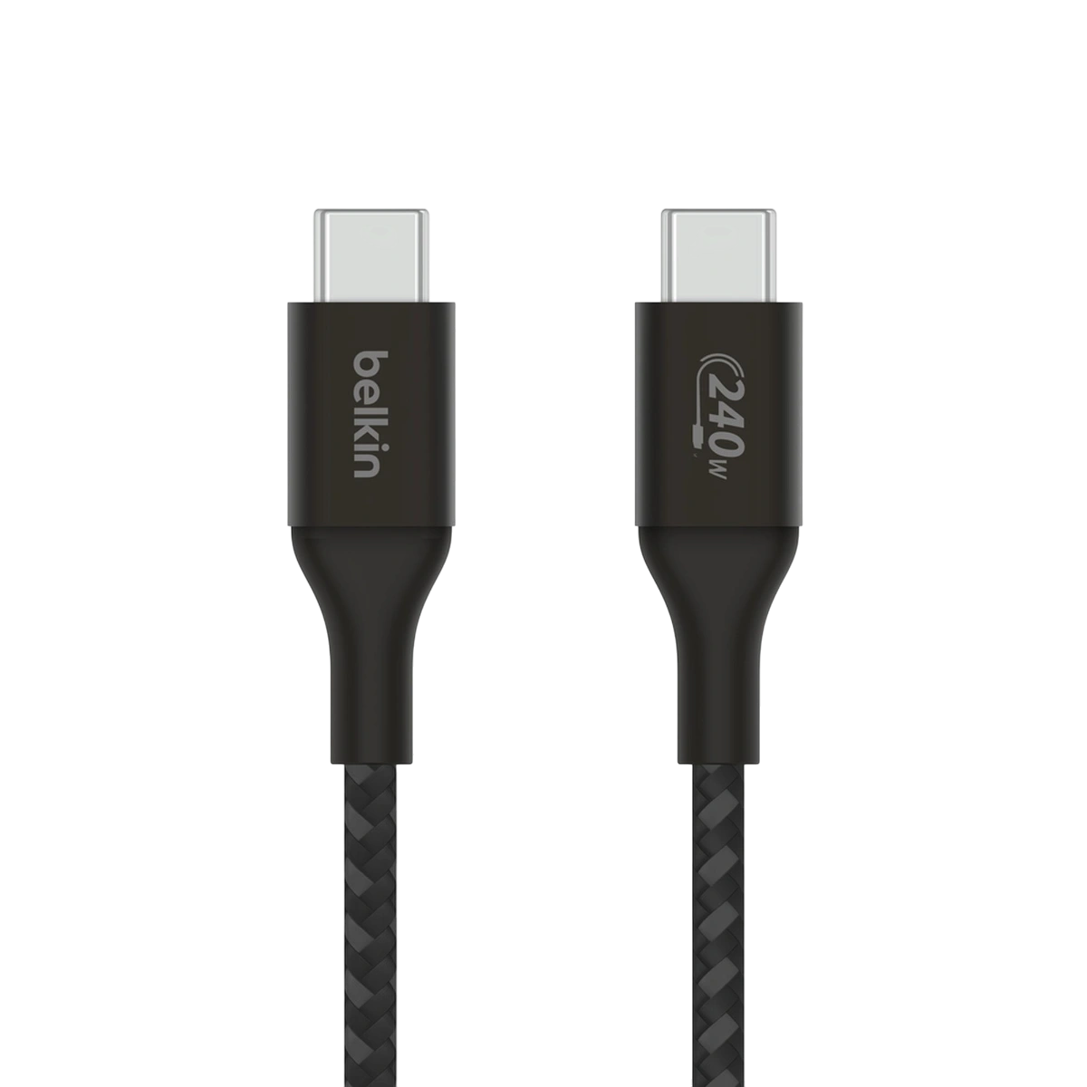 Belkin BoostCharge 240W USB-C to USB-C cable, black, front view of connectors