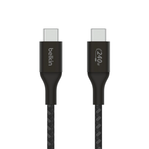 Belkin BoostCharge 240W USB-C to USB-C cable, black, front view of connectors