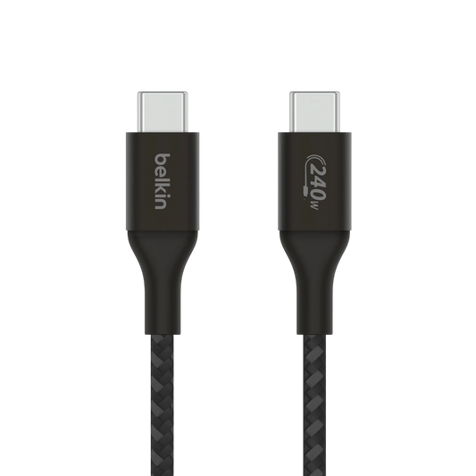 Belkin BoostCharge 240W USB-C to USB-C cable, black, front view of connectors