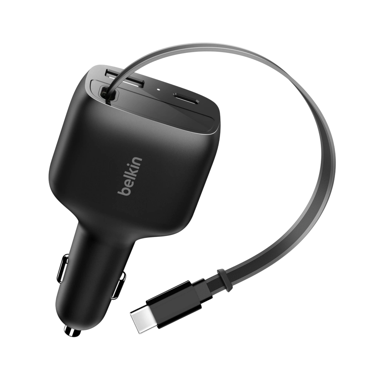 Belkin 75W car charger showing USB-C and USB-A ports