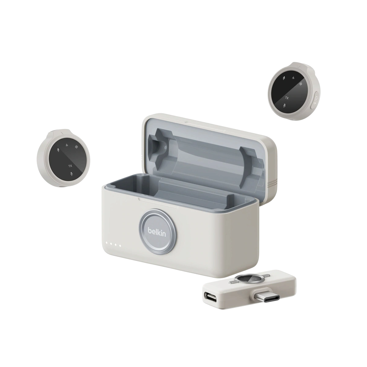 Belkin Stage wireless microphone set with two mics, USB-C receiver and charging case