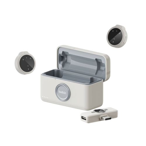 Belkin Stage wireless microphone set with two mics, USB-C receiver and charging case