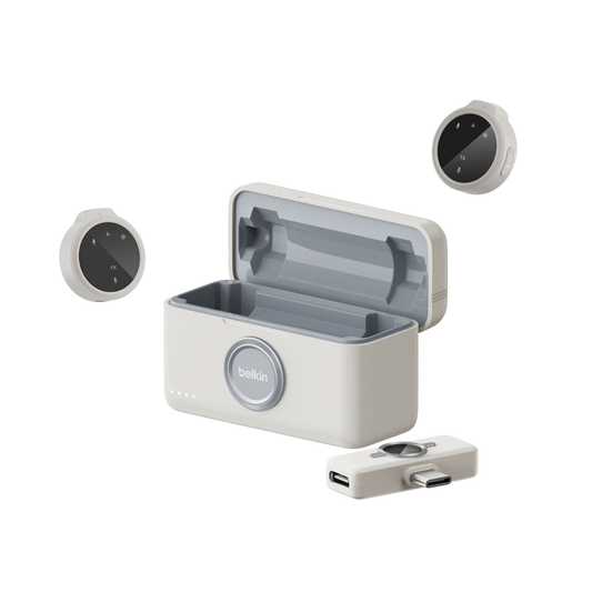 Belkin Stage wireless microphone set with two mics, USB-C receiver and charging case