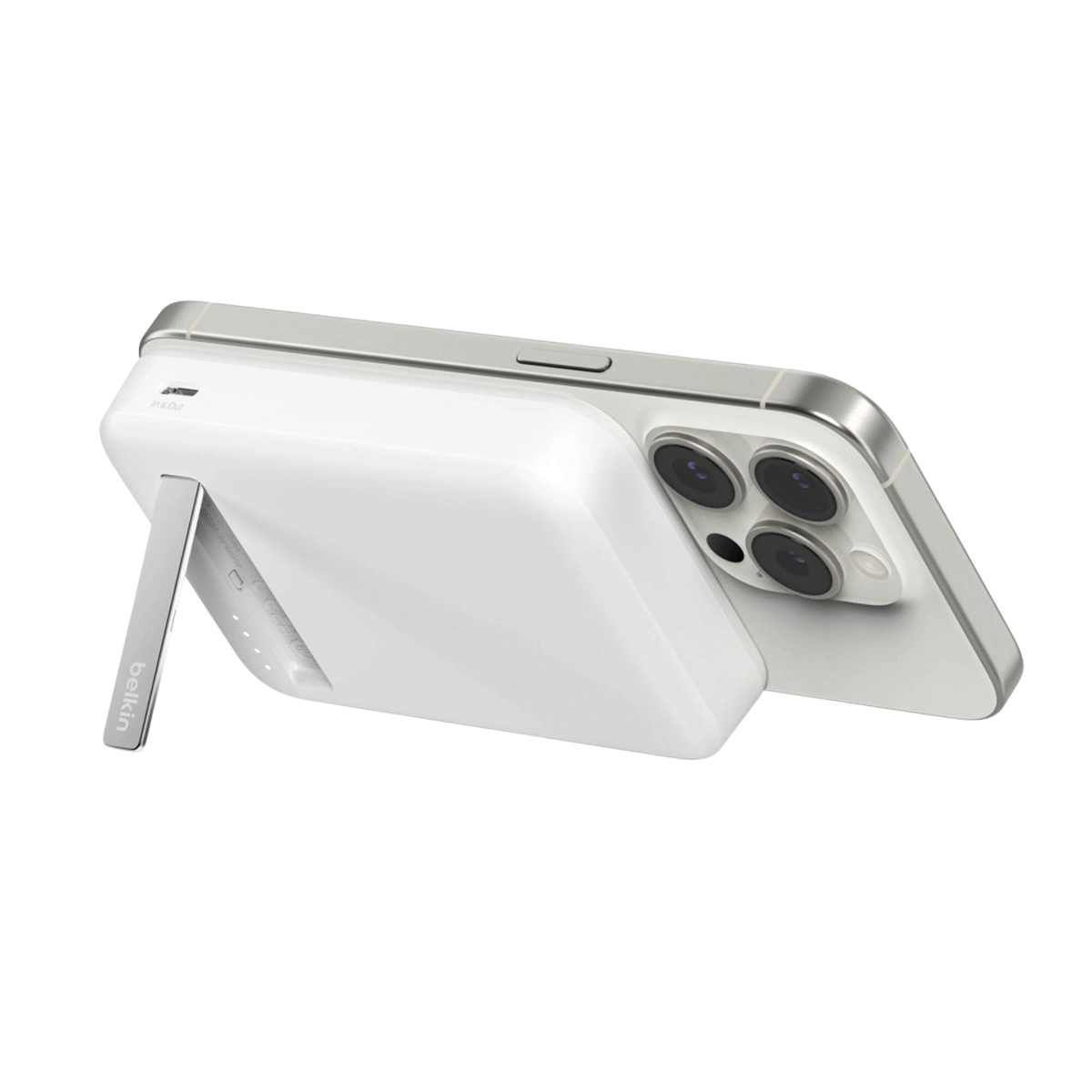 Belkin white Qi2 power bank kickstand in landscape