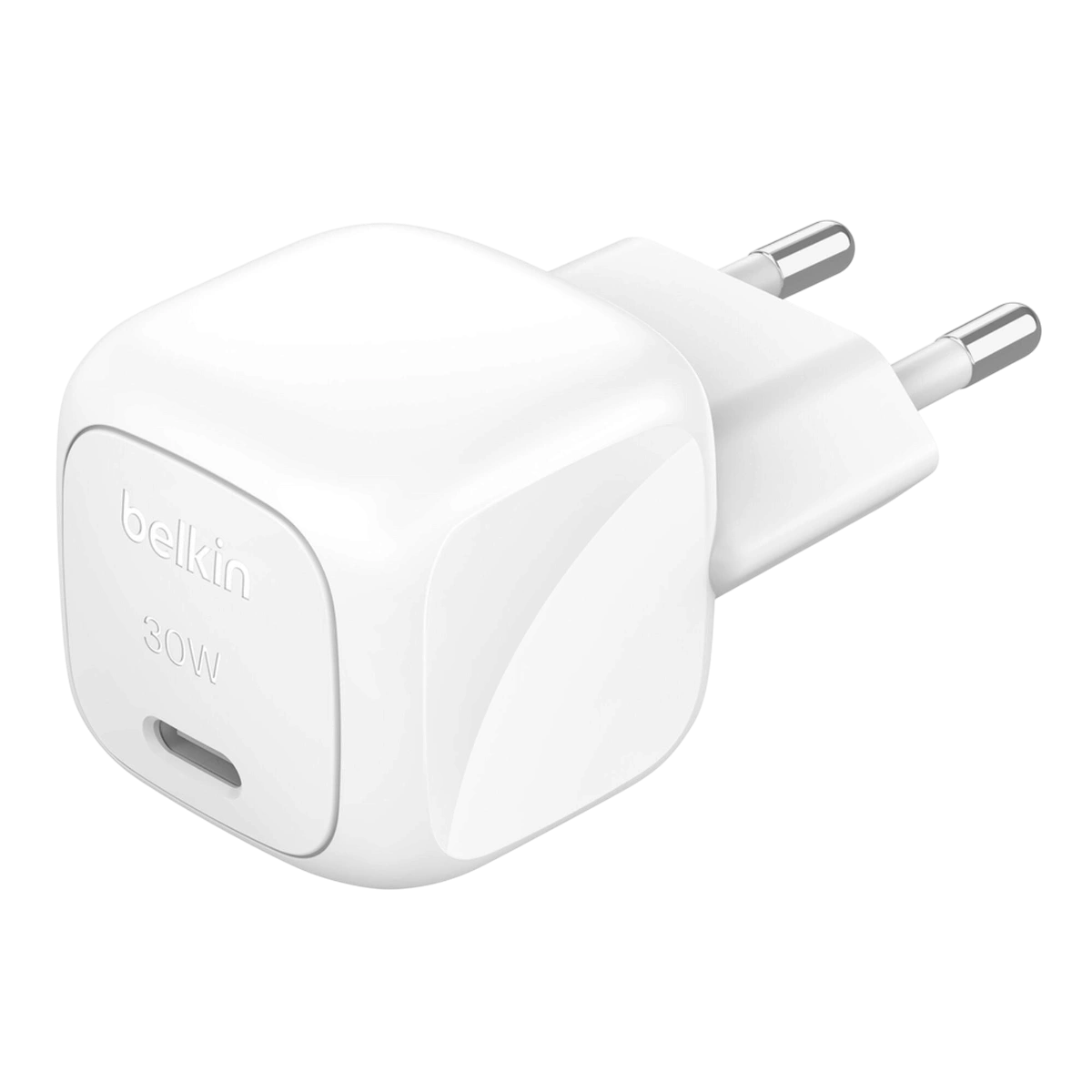 Belkin WCA008 30W charger, angled view with EU two-pin plug