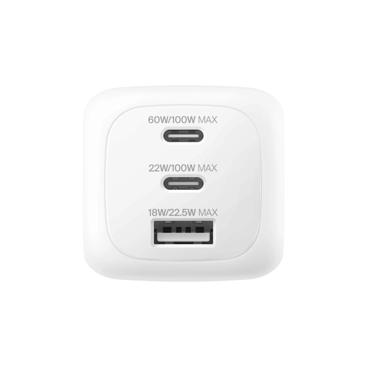 Belkin 100W GaN charger front: two USB-C and one USB-A port
