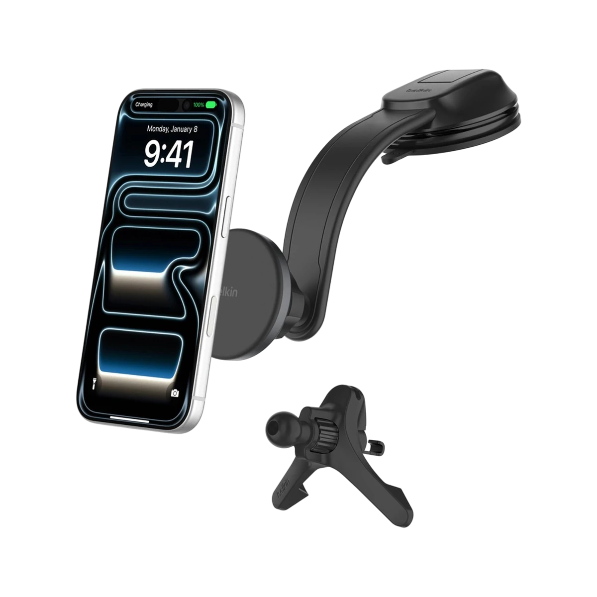 Belkin Qi2 car mount on dashboard arm with iPhone