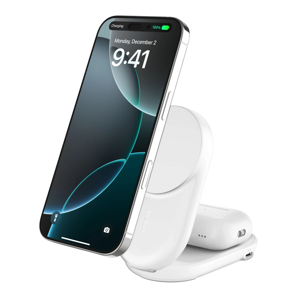 Belkin UltraCharge 2-in-1 foldable Qi2 25W magnetic charger with iPhone