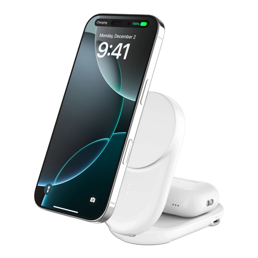 Belkin UltraCharge 2-in-1 foldable Qi2 25W magnetic charger with iPhone