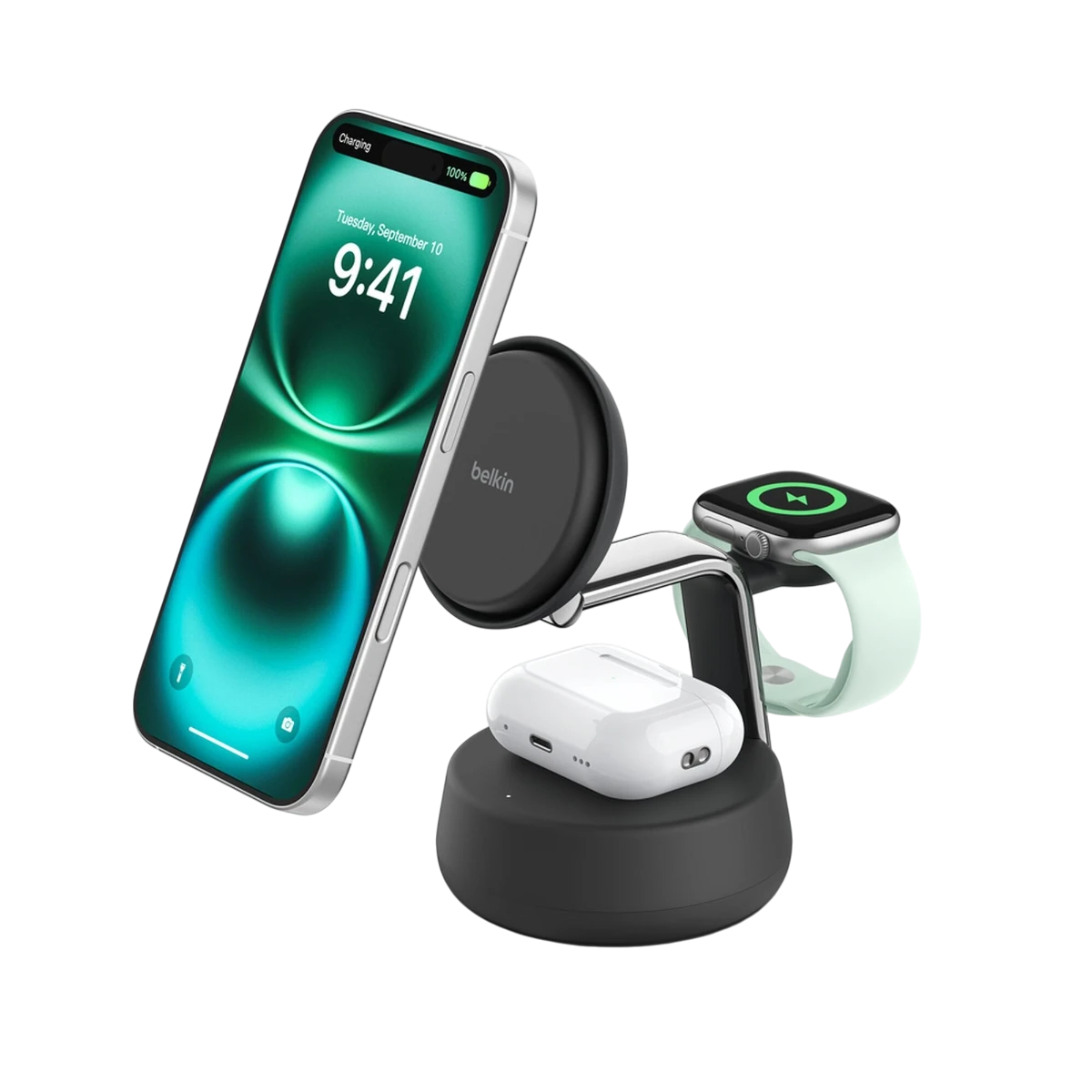 Belkin UltraCharge Pro 3-in-1 Qi2 25W charging dock with iPhone, Apple Watch and AirPods