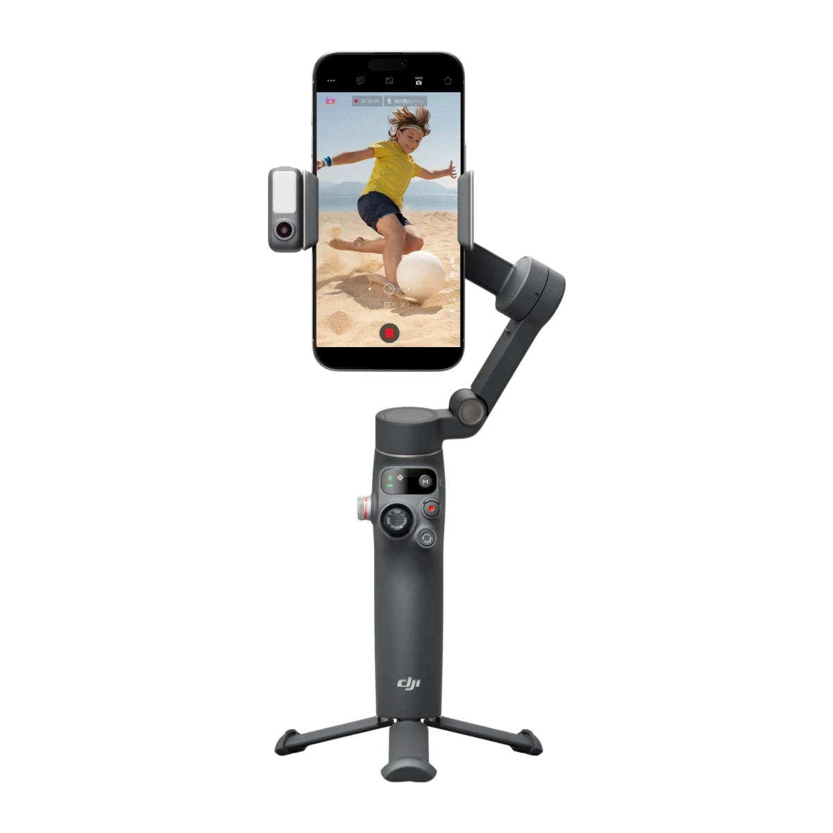DJI Osmo Mobile 7P, on its tripod, phone in portrait