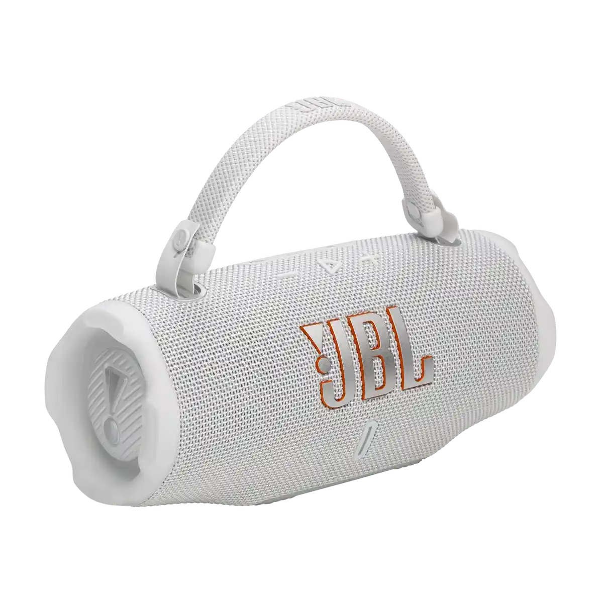 JBL Charge 6 in White, with carry strap