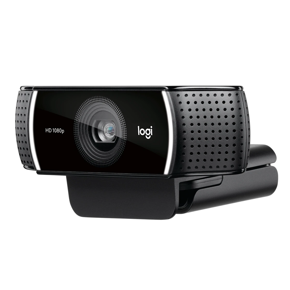 Logitech C922 webcam on monitor clip, side view