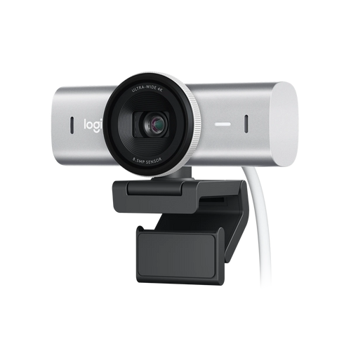 Logitech MX Brio 4K webcam, pale grey, front angle
