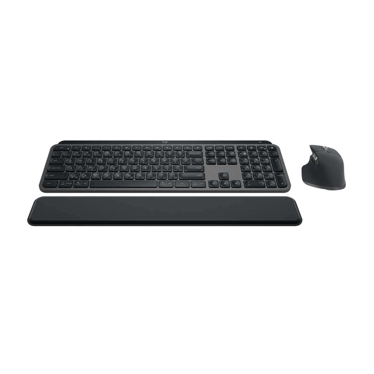 Logitech MX Keys S keyboard, MX Master 3S mouse and MX palm rest, front view