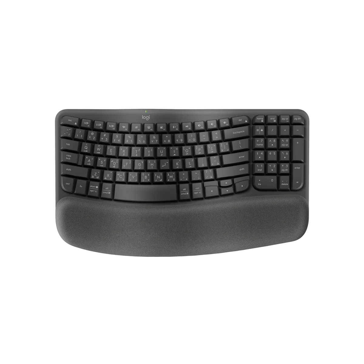 Logitech Wave Keys ergonomic keyboard with Arabic/English keys, top view