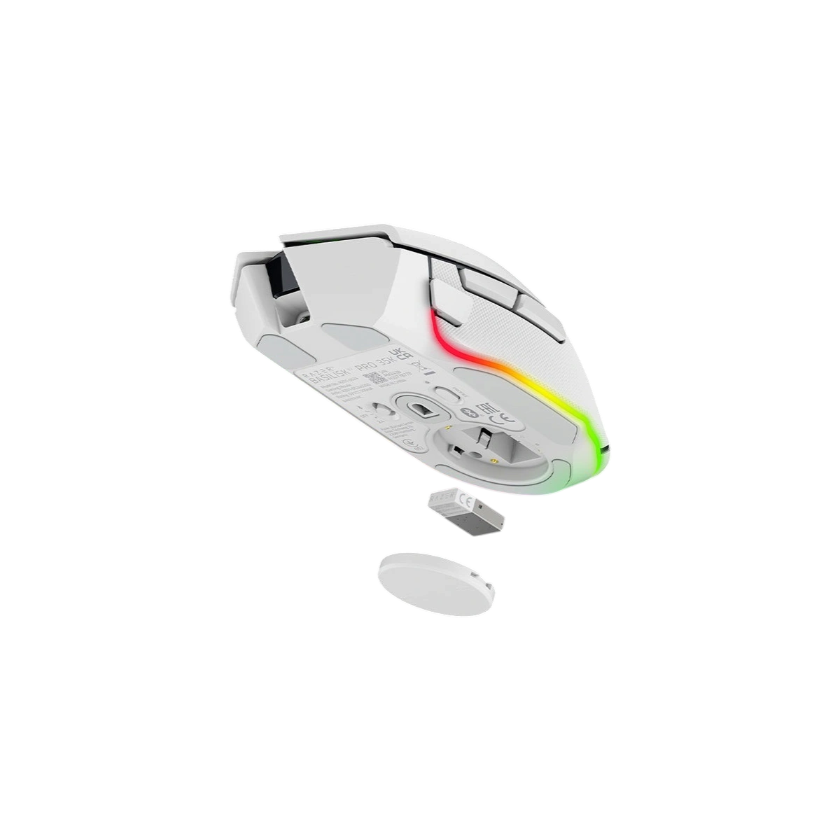 Razer Basilisk V3 Pro 35K white with dongle, angled view