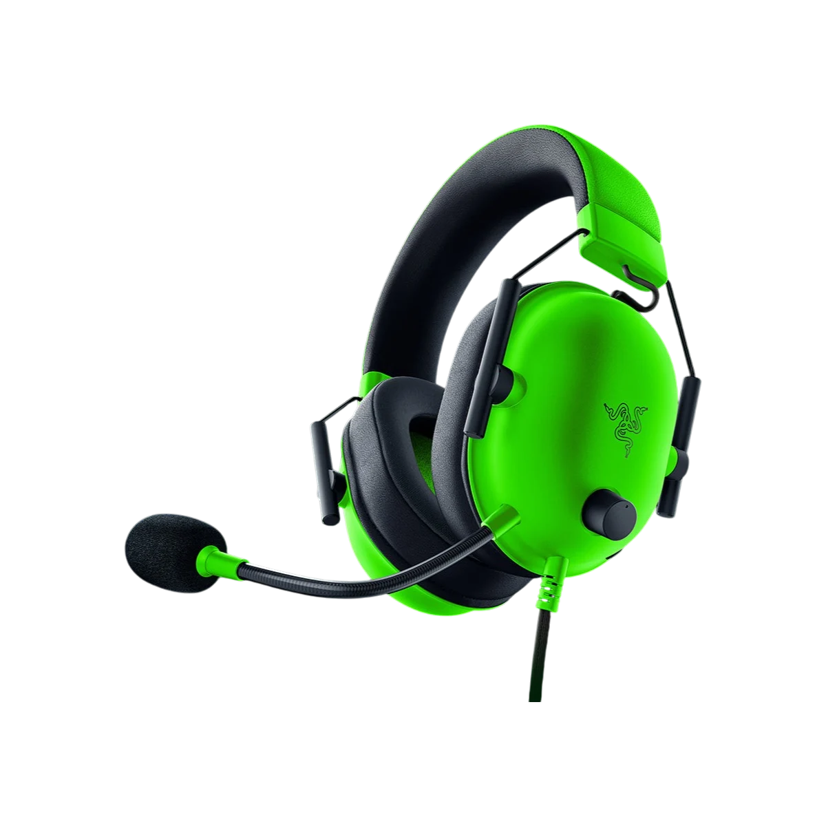 Razer BlackShark V2 X wired gaming headset in Green, angled view with microphone