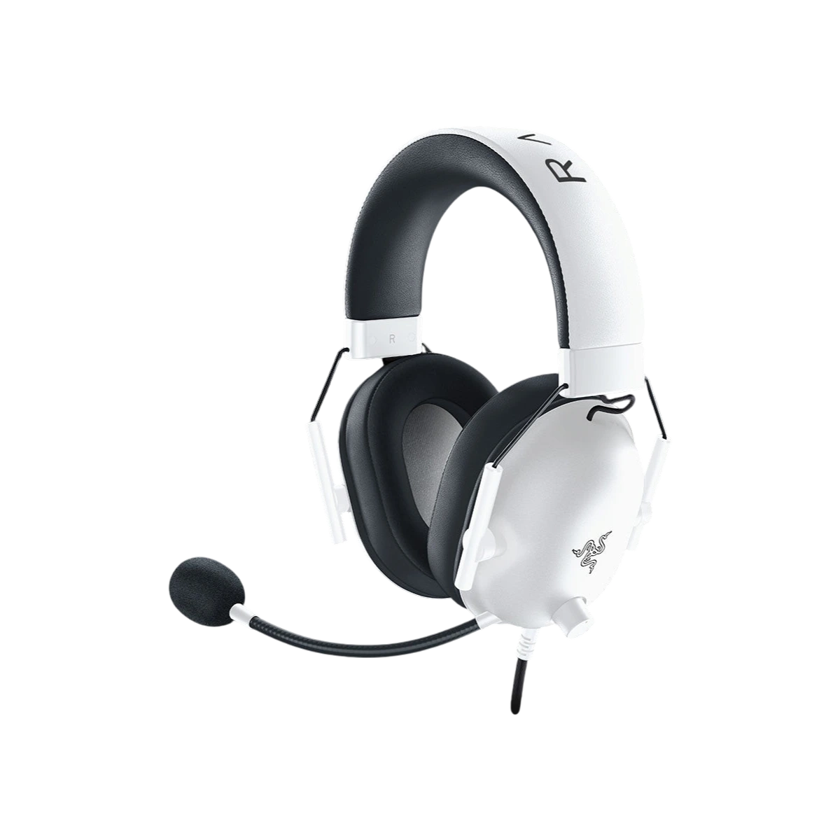 Razer BlackShark V2 X wired gaming headset in White, angled view with microphone