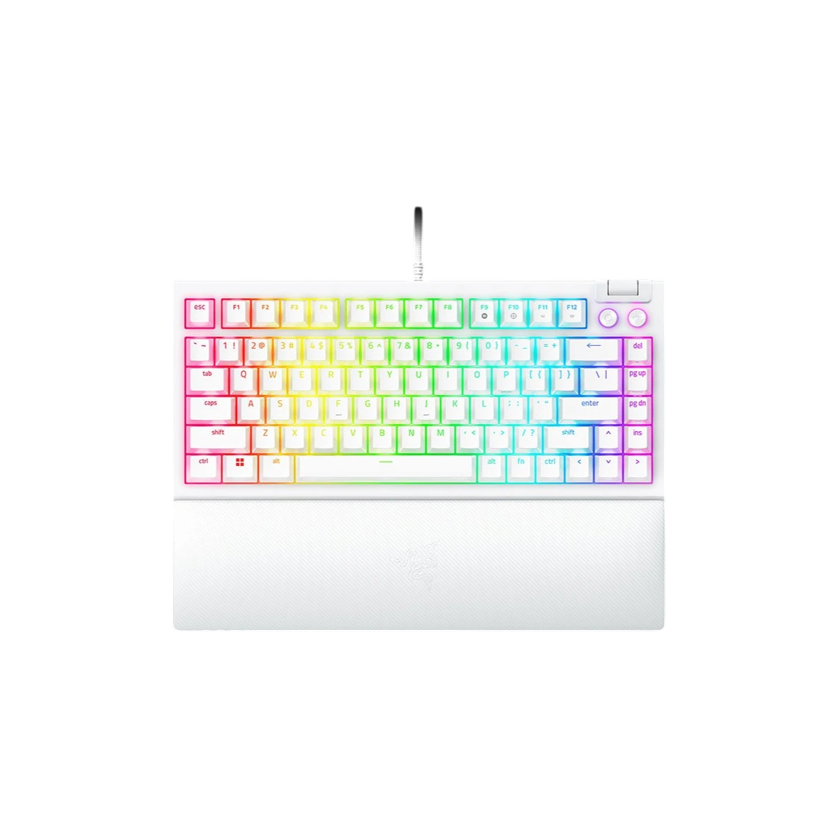 Razer BlackWidow V4 75% white mechanical keyboard with wrist rest, top view