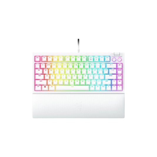 Razer BlackWidow V4 75% white mechanical keyboard with wrist rest, top view