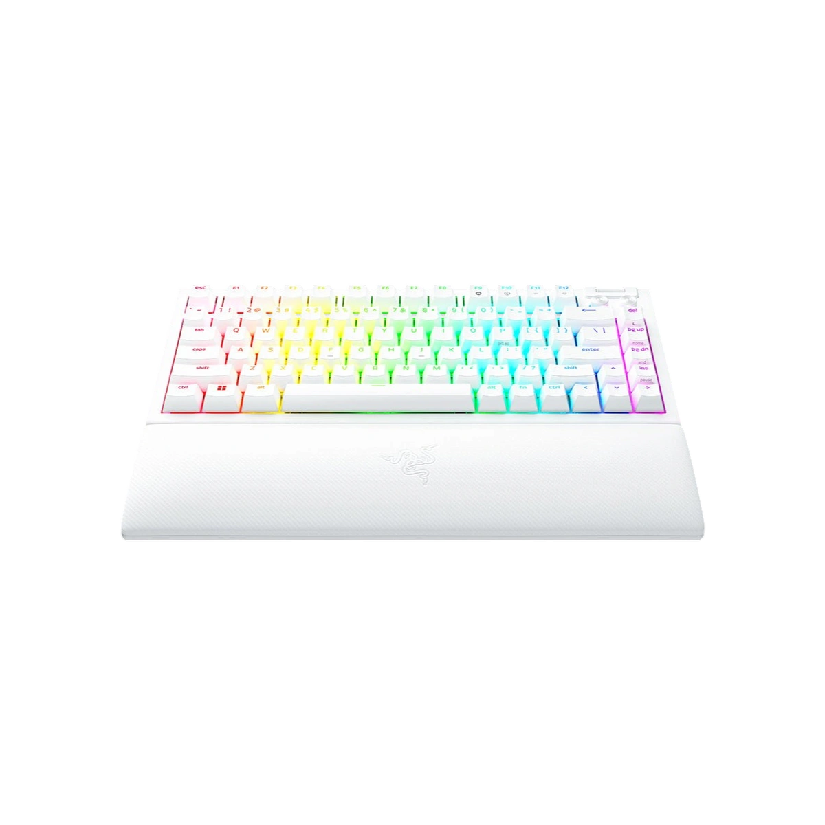 Razer BlackWidow V4 75% white, front view with RGB lighting