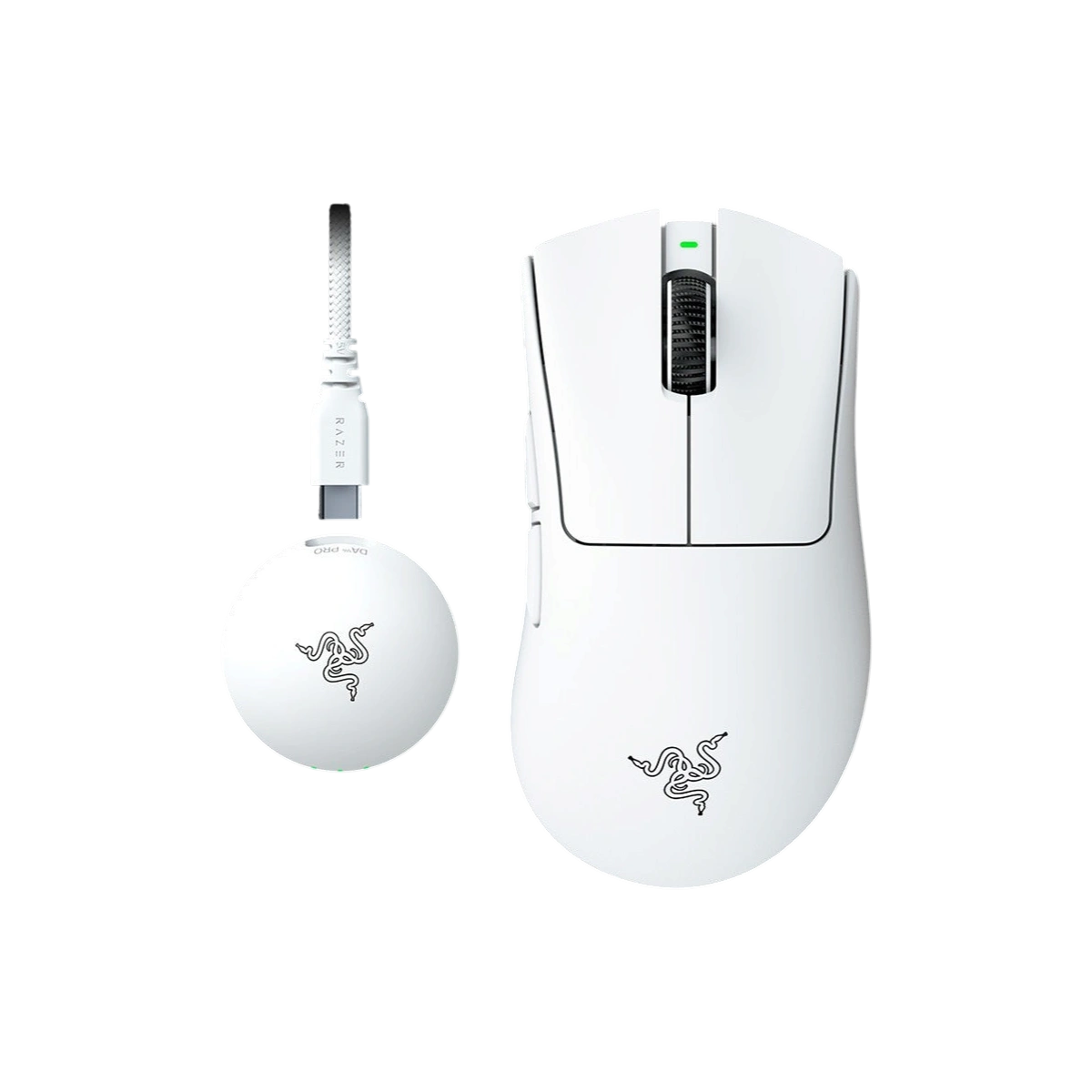 Razer DeathAdder V4 Pro white with HyperSpeed dongle, top view