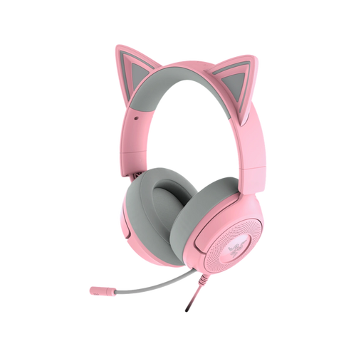 Razer Kraken Kitty V3 X cat-ear headset in Quartz Pink, angled view