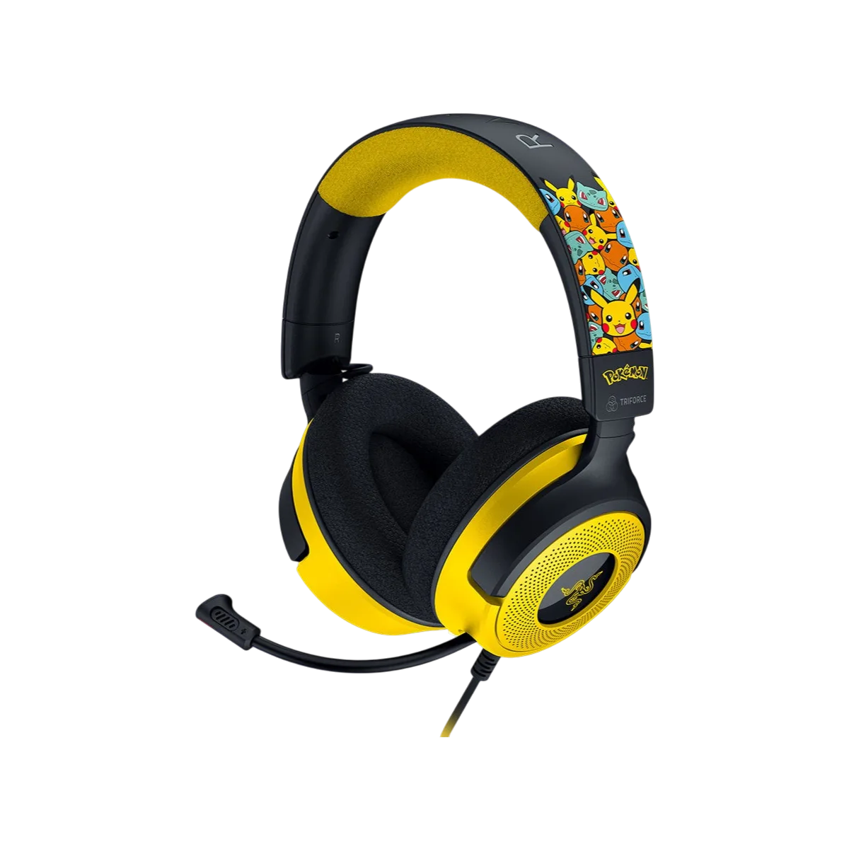 Razer Kraken V4 X Pokémon Edition in yellow and black, angled view