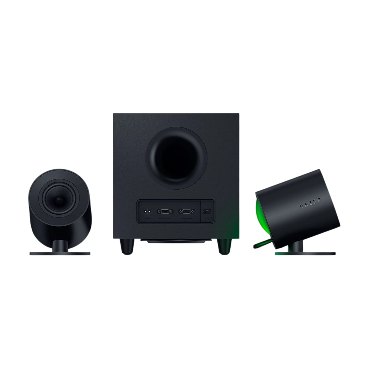 Razer Nommo V2 2.1 speakers with subwoofer, angled view