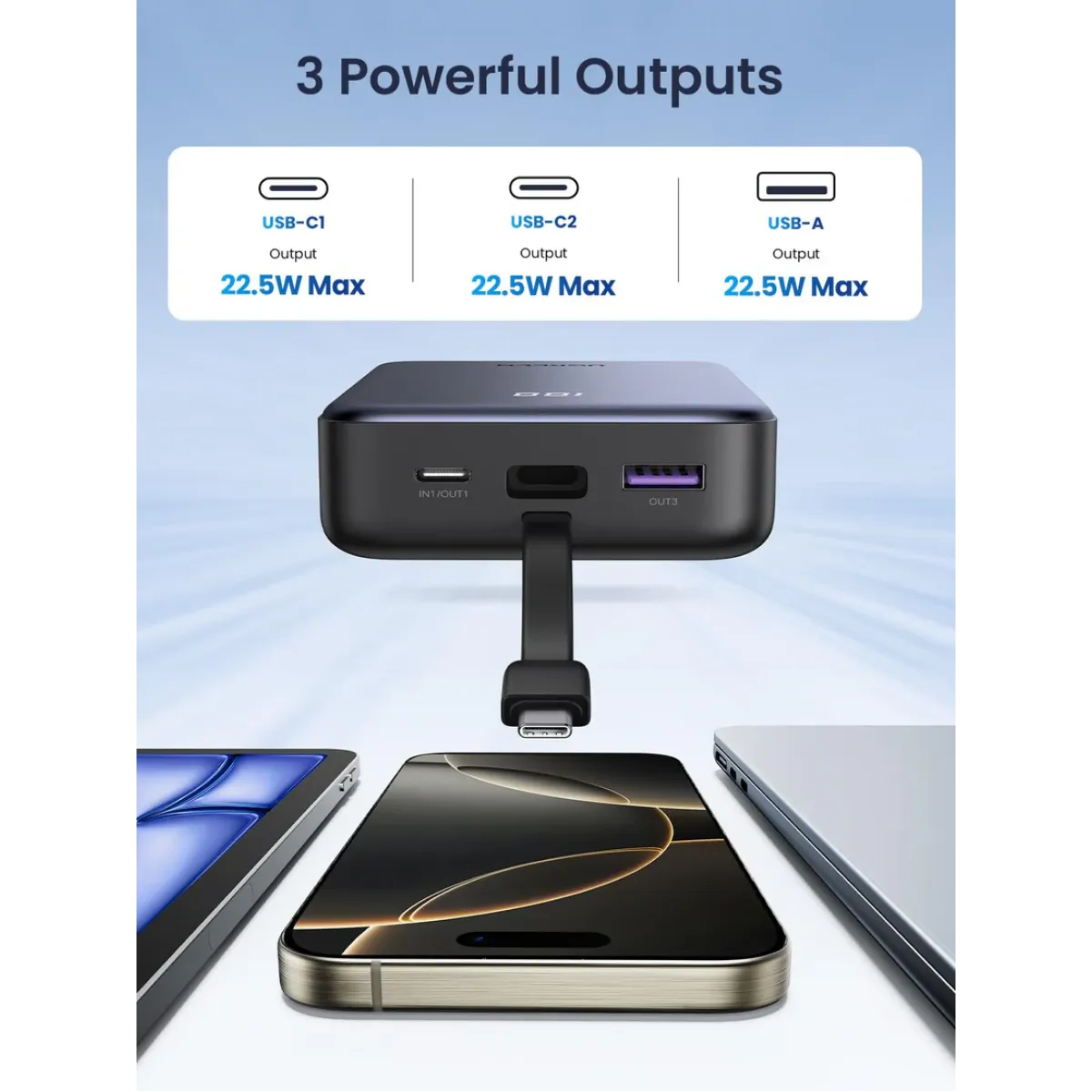 UGreen 20000mAh 22.5W Power Bank with Built-in USB-C Cable