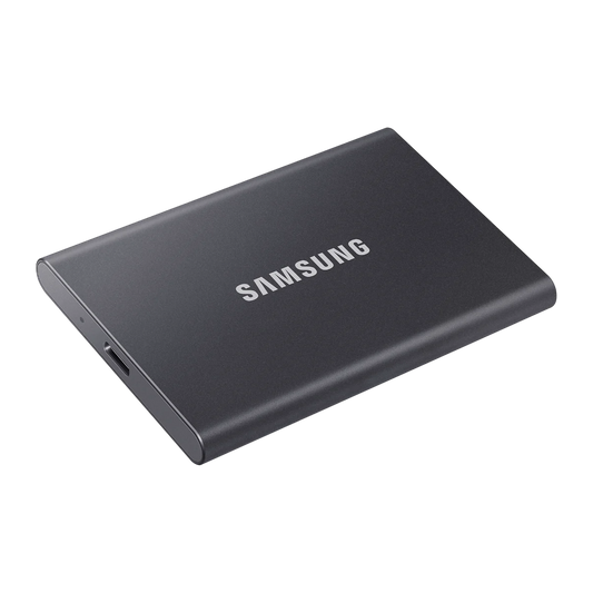 Samsung T7 Portable SSD 2TB in Titan Gray, angled top view
